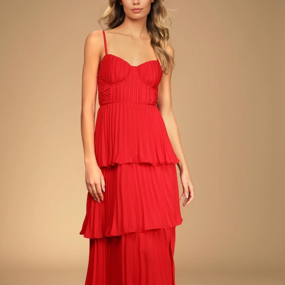 LULUS-Cascading Crush Red Tiered Bustier Midi Dress Size S